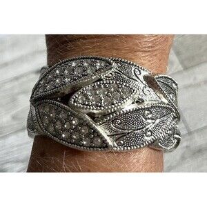 Rhinestone Pewter Leaf Design Hinged Cuff Bracelet 1.5" Wide